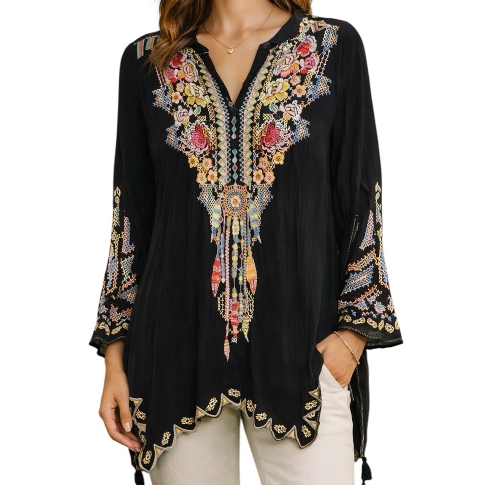 Johnny Was C23318-D Black Cupra Embroidered Tunic Top Medallion Boho Luxe Rare